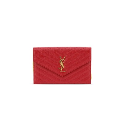 YSL CASSANDRE MATELASSÉ ENVELOPE CHAIN WALLET IN GRAIN DE POUDRE EMBOSSED LEATHER 393953BOW016515 (19*12.5*3.5cm)